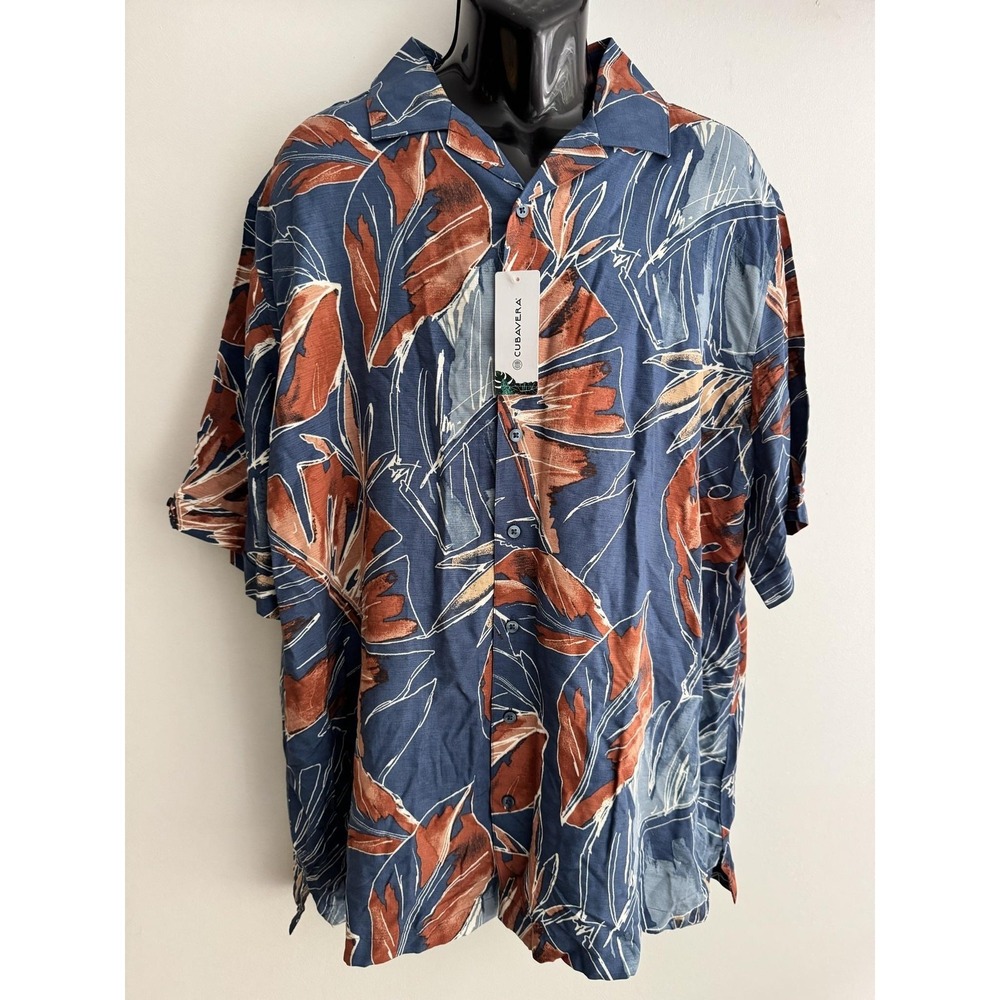 Cubavera Shirt Mens 2XLT Blue Tropical Leaf Hawaiian Short Sleeve Button-Up Tall